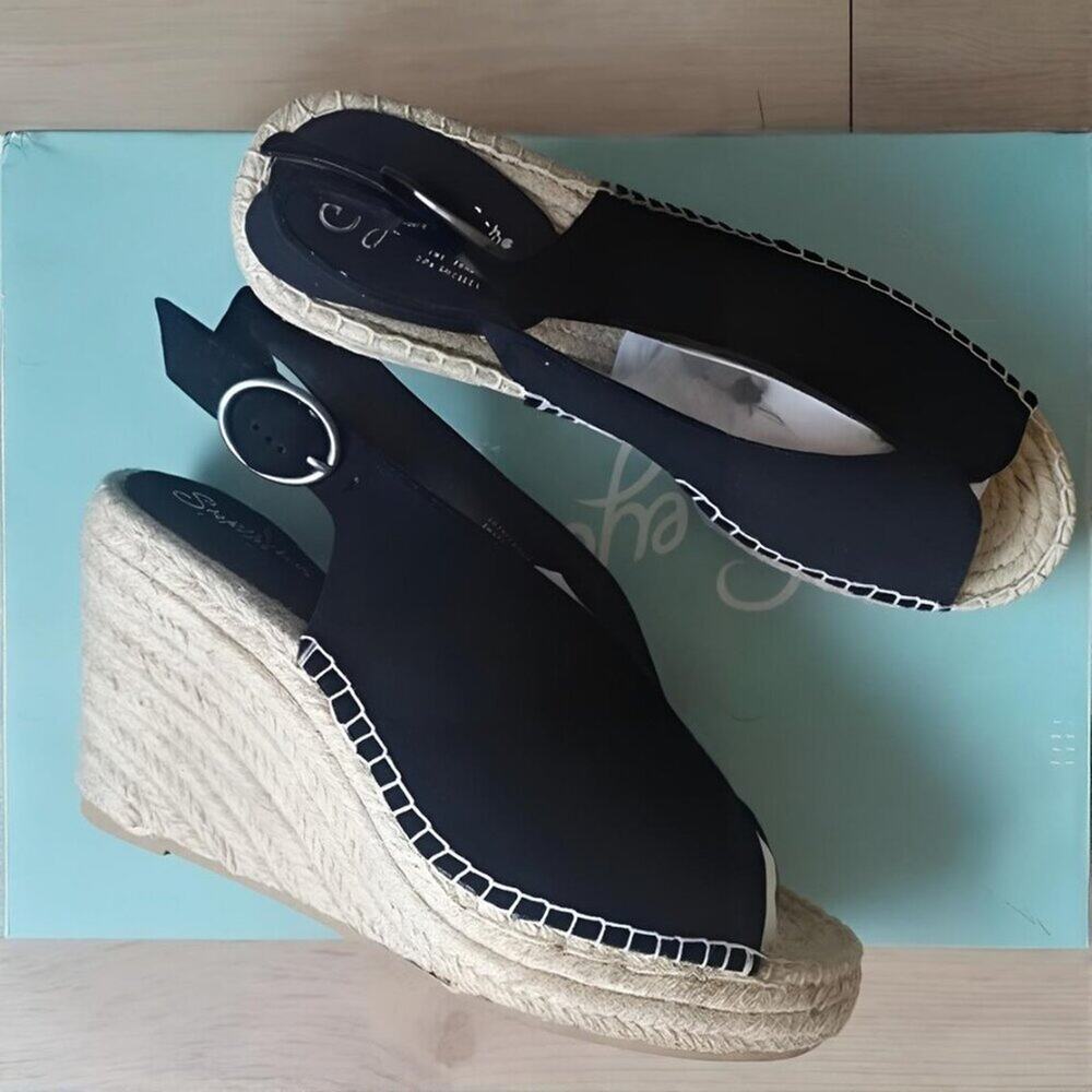 Seychelles Promenade Peep Toe Espadrille Wedges Black Suede 7 NIB
